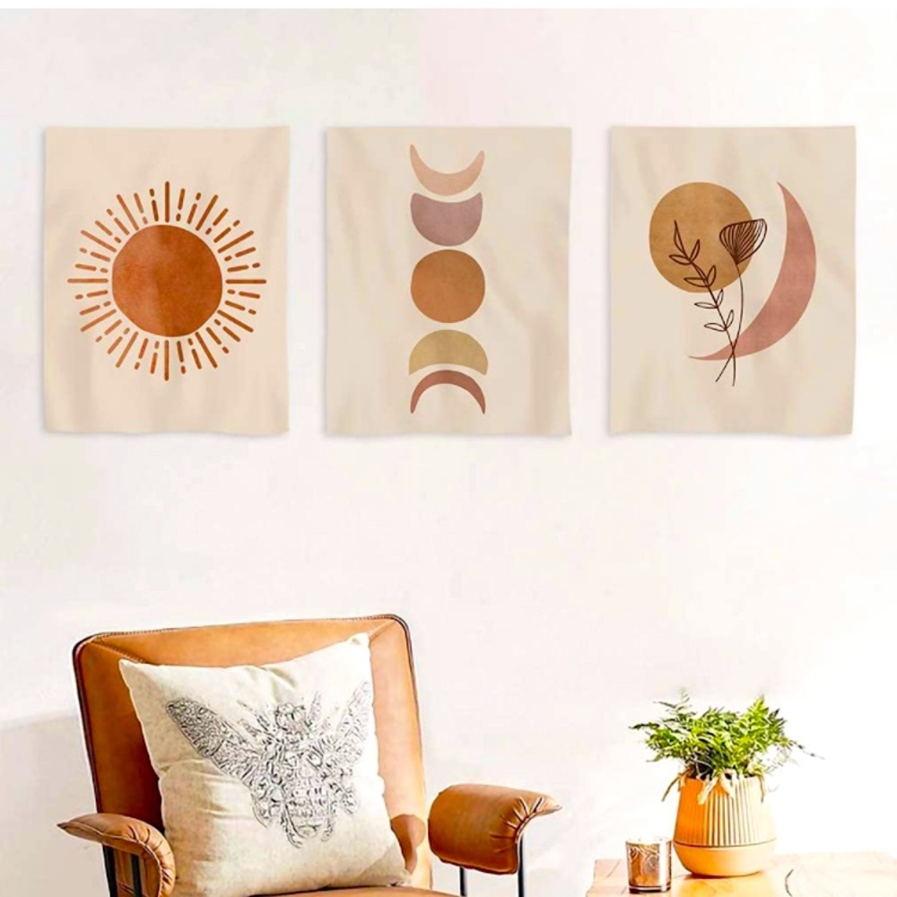 Hippie Set of Floral Boho Moon & Sun Wall Tapestry/Art Apartment/Studio Decor